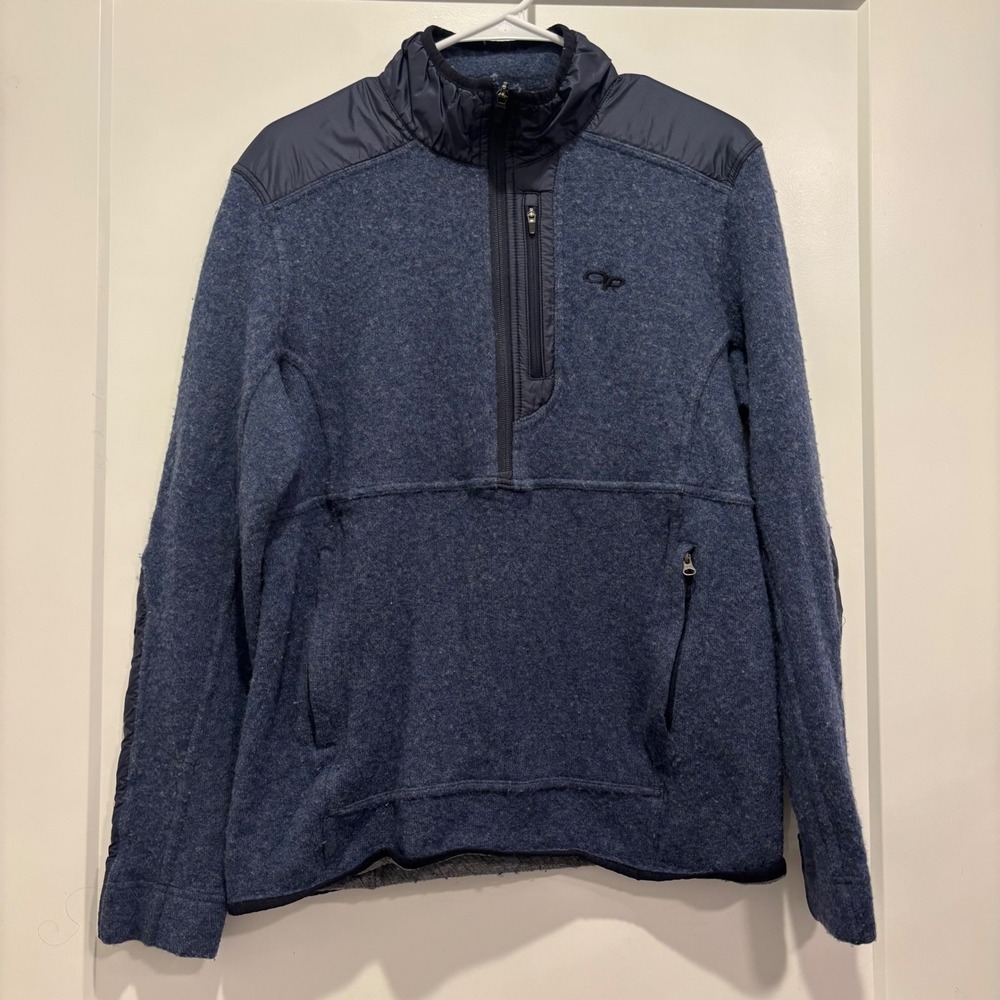 Outdoor Research Mens Blue Wool Blend Hybrid Quarter Zip Pullover‎ Sweater Large